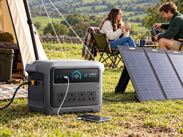 Portable power station charging a phone while camping